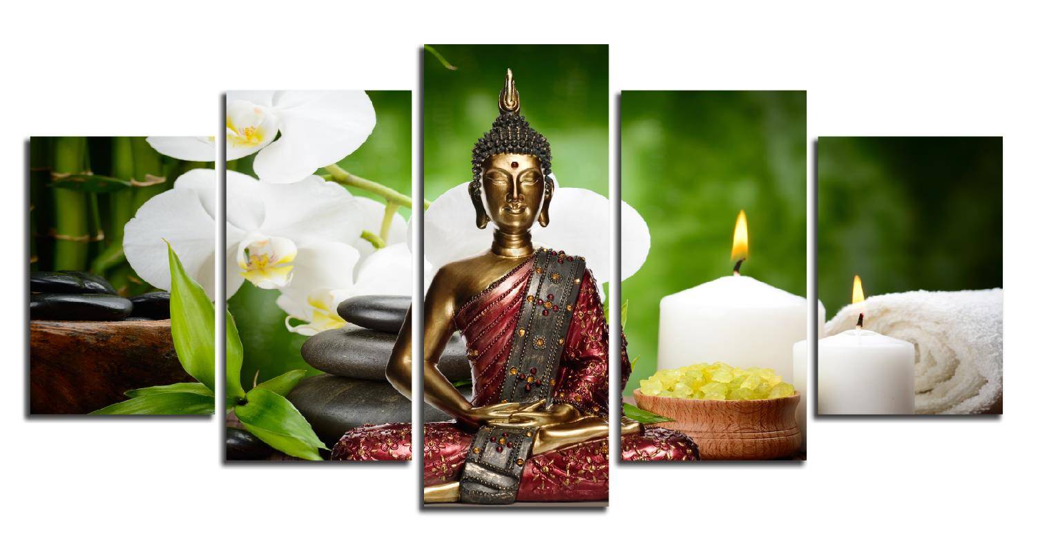 5 Pieces Canvas Print Modern Fashion Wall Art the White Orchid Candles Buddha Landscape for Home Decoration No Frame