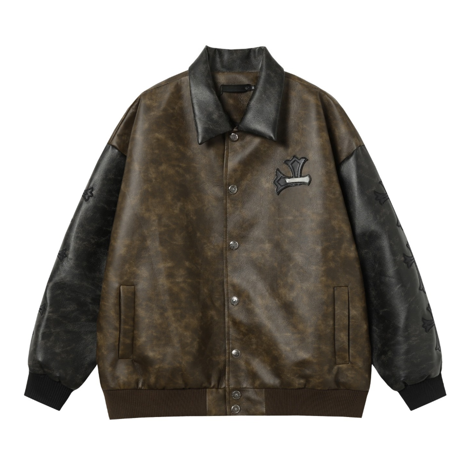 Men&#039;s retro single-breasted pure cotton lining baseball jacket; PU leather cross-stitch single button collar embroidery decoration