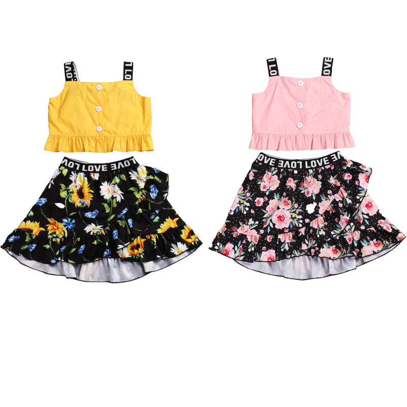 1-5Y Summer Infant Baby Girls Clothes Sets Letter Floral Print Sleeveless Vest Tops+Ruffles A-Line Skirts