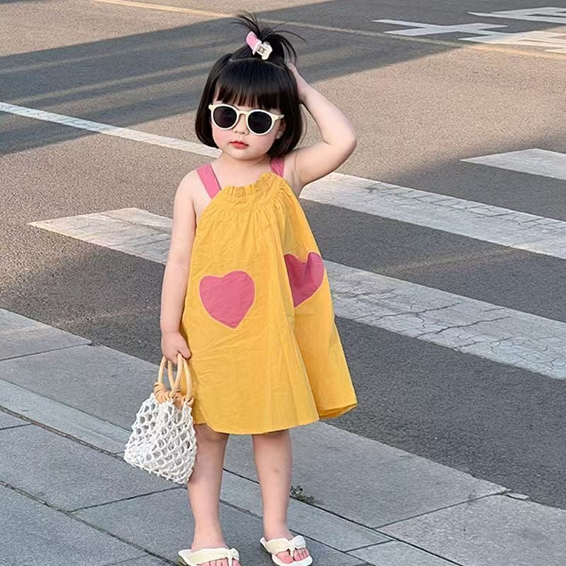 D194 opamine children&#039;s clothing suspender dress summer baby girl love pocket dress child holiday style girl clothing