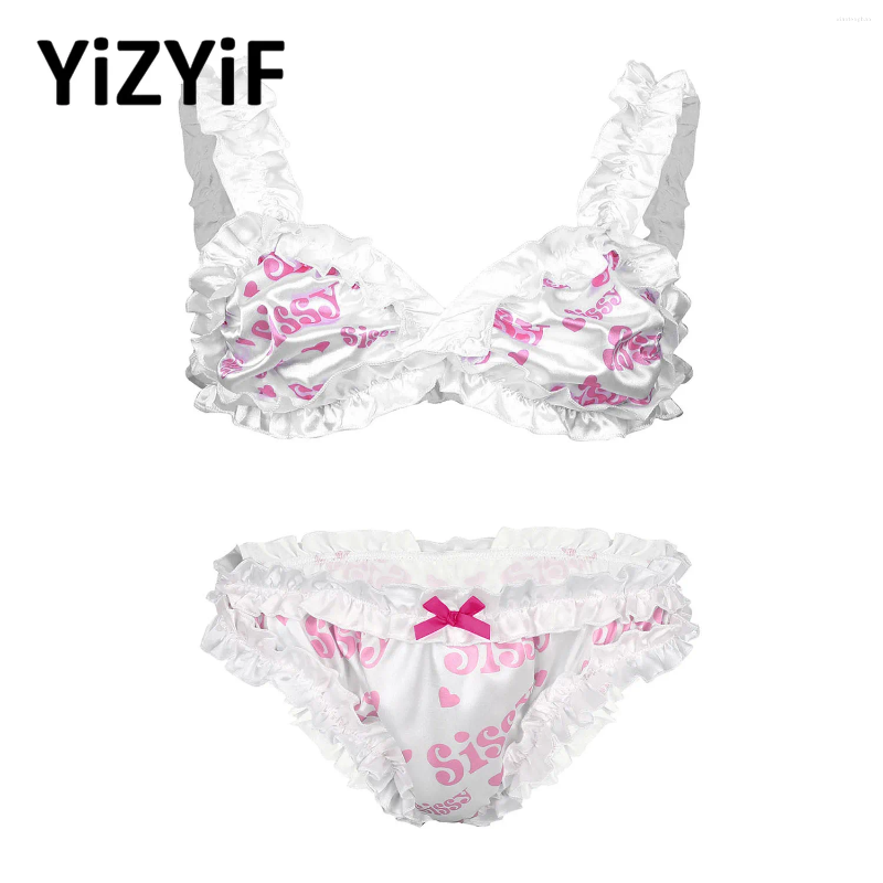 Bras Sets 2pcs Men Sissy Satin Lingerie Set Ruffled Frilly Bowknot Cute Bra Crop Top Knickers Panties Gay Crossdressing Underwear