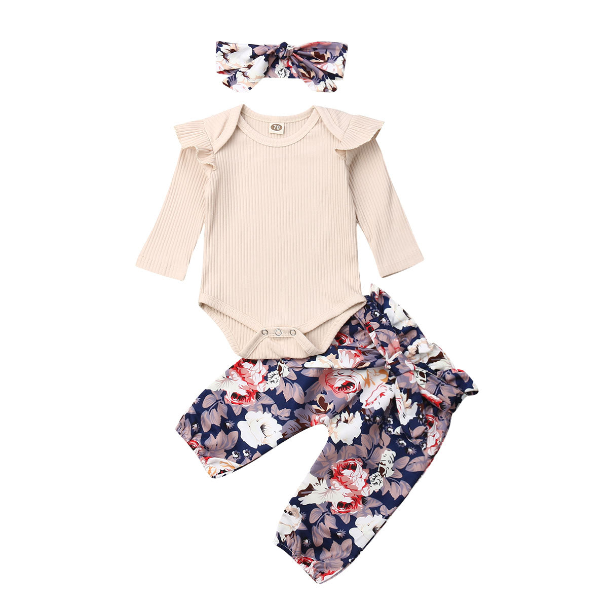 2021 Newborn Infant Baby Girls Clothes Sets Long Sleeve Solid Romper Floral Pants Headband Outfit Clothes