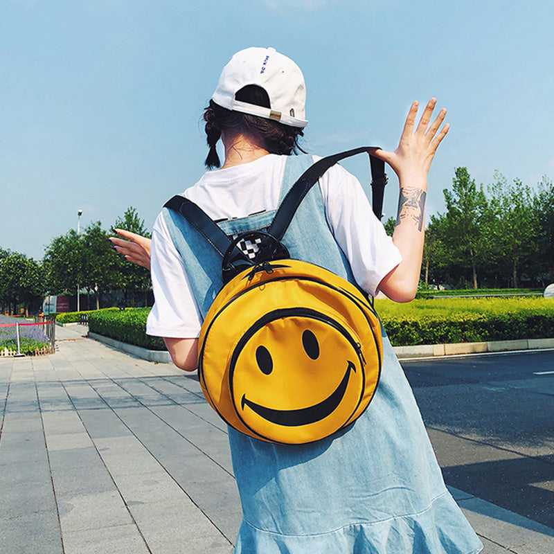 Funny Smiling Face backpack women laptop bag big capacity Cartoon Printed Students Backpacks children nylon Travel bag yellow L
