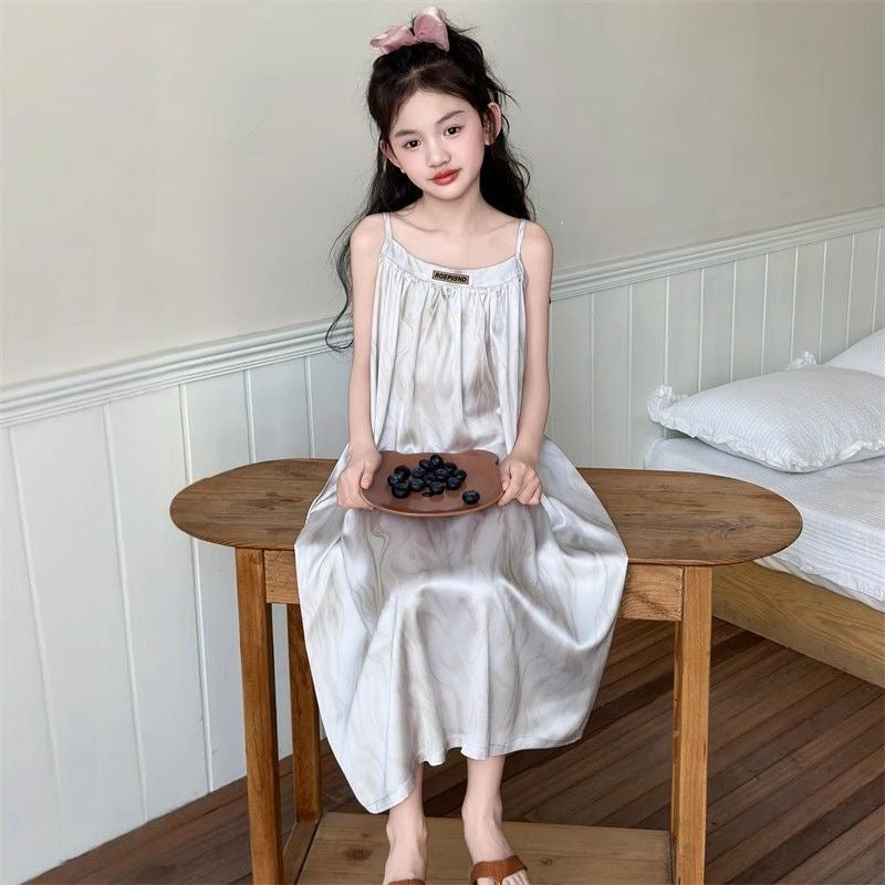 D93 Girls summer nightdress new style ice silk children&#039;s cool home clothes can be worn outside suspenders pajamas girls home skirt