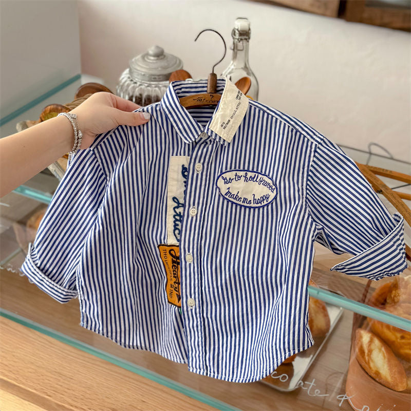 D04 Children&#039;s shirt jacket 2025 autumn new boys and girls Korean striped long-sleeved tops baby lapel shirt trend
