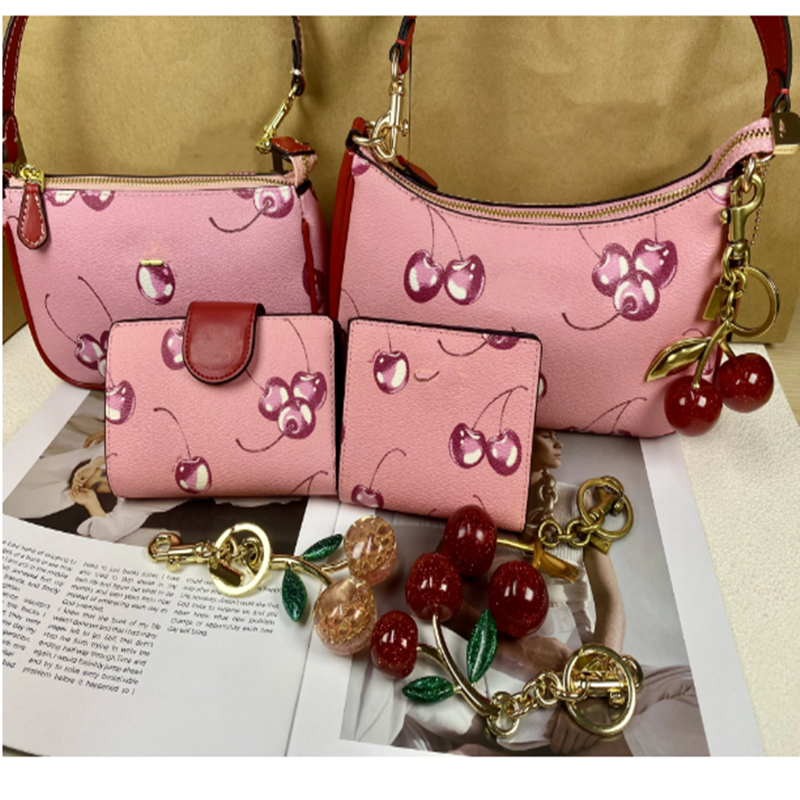 Cherry Printed Zip Closure Coated Canvas Handbag Medium Women&#039;s Shoulder Bag Wallet Cherry Keychain