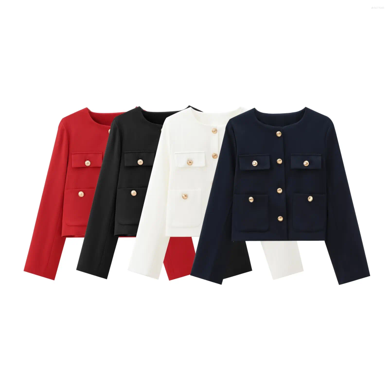 Women&#039;s Jackets Women 2025 AZRAF Summer Fashion Gold Button Short Coat Vintage O Neck Long Sleeve Pockets Casual Female Outerwear Chic Tops