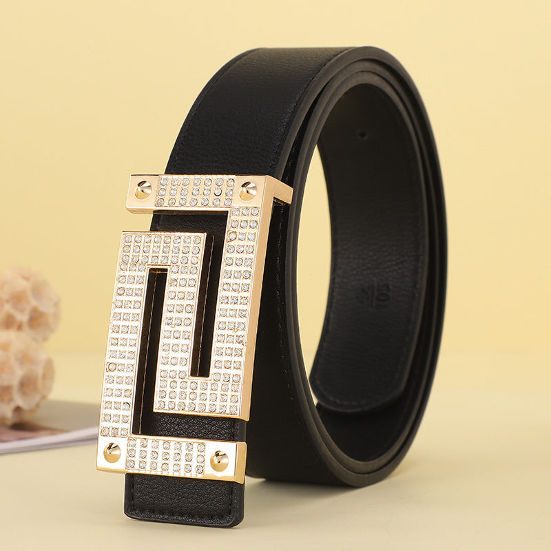 2021 New Fashion Trendy Rhinestone Smooth Buckle Color Belt Womens All-Match Casual Genuine Leather Belt Womens Spot