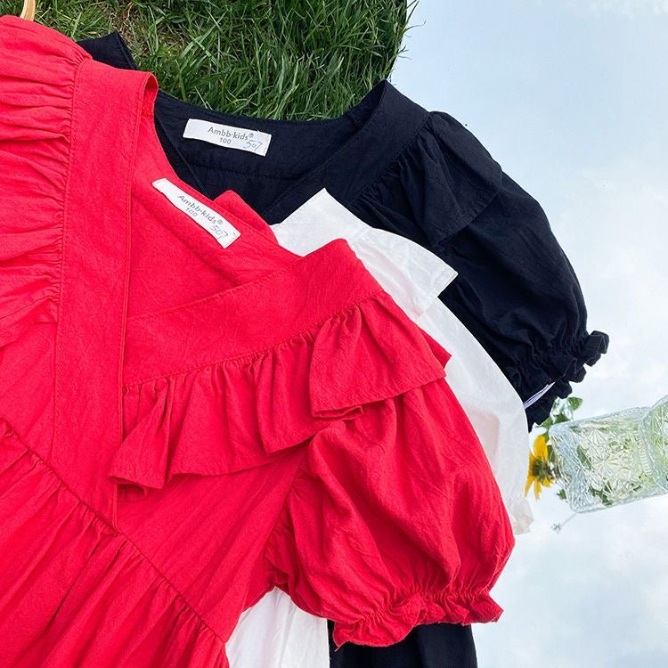 D218 Summer Girls Dress Solid Color Children&#039;s Baby V-Neck Ruffle Lace Princess Dress Korean Style