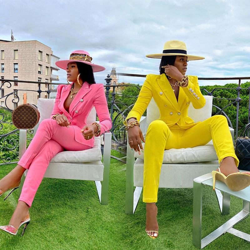 Two Piece Sets Women Blazer and Pants Suits Trasuit 2021 Office Lady 2pcs Set Waist Pants Lounge Wear Outfits Plus Size spring