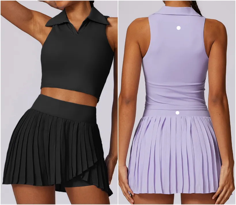 8600 Womens Outfit Yoga Sets Skirts Vest Tennis Sport Running Skirt Elastic High Waist Sportwear ed Breathable Turn-Down Collar