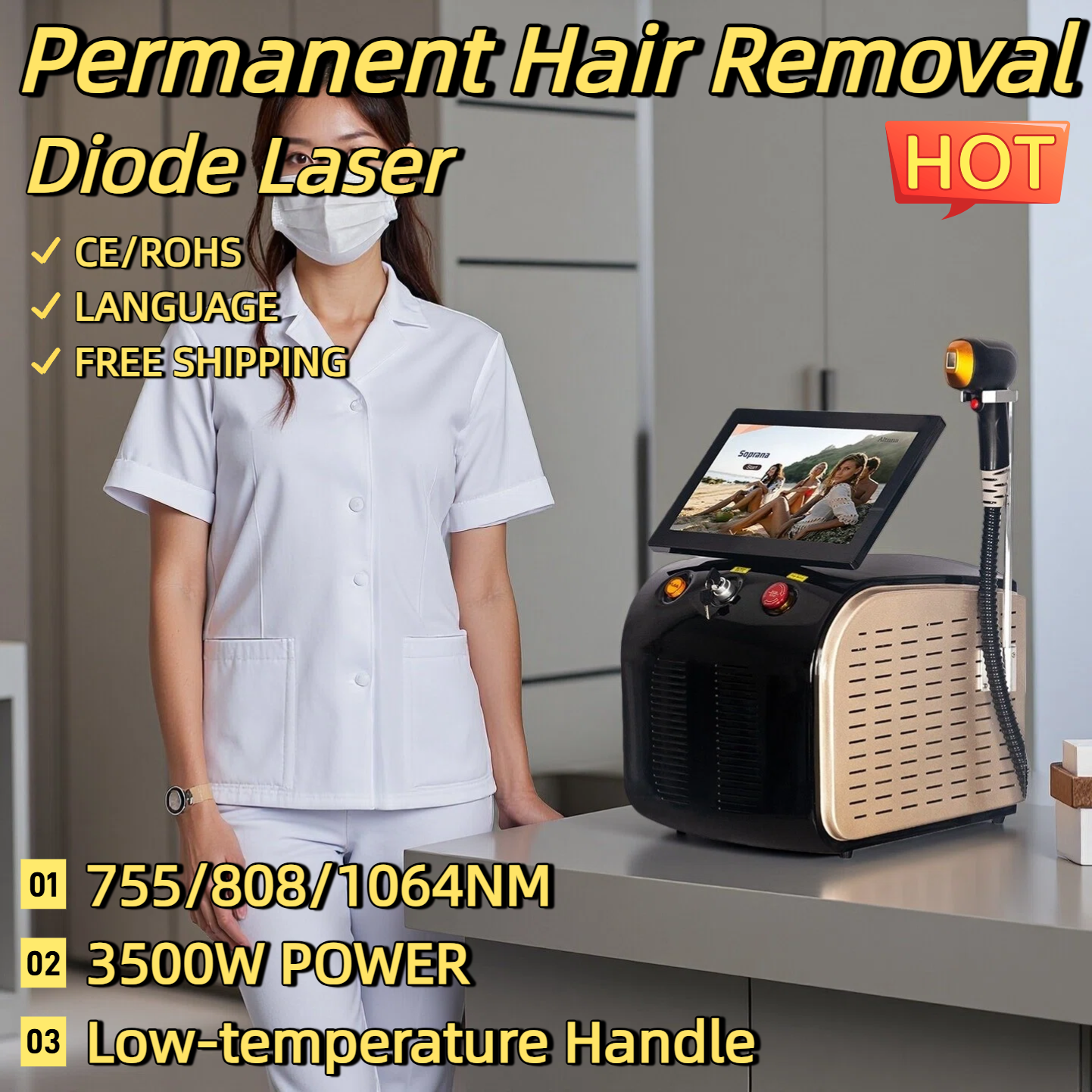 Best Depilator New Ice Platinum Cooling System Skin Care 808nm Diode Laser Hair Removal Machine 3-Wavelength 755-808-1064nm CE