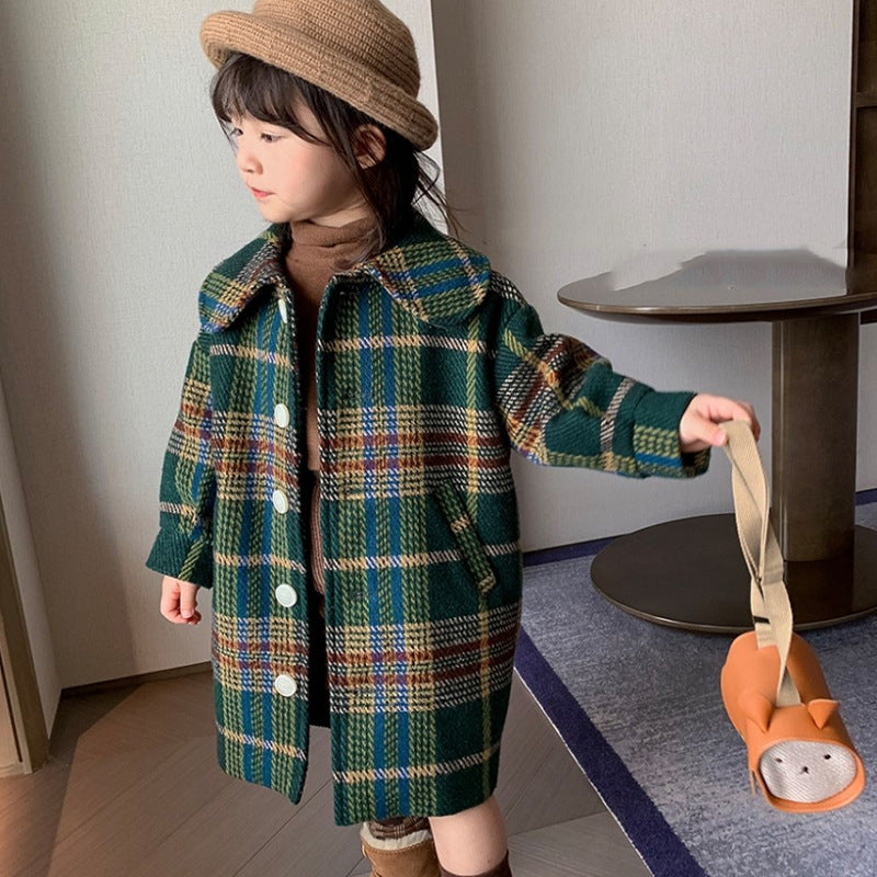 2-7Year Kids Plaid Woolen Jacket And Coat Children Long -length Wind Coat Kids Clothes Girls Autumn Winter Clothing Outerwear