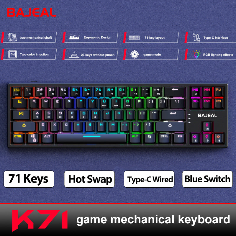 K71 USB Wired Mechanical Keyboards 71 Keys Hot Swappable RGB Gaming Keyboards Blue Switch ABS Keycaps TYPE-C Detachable Cable