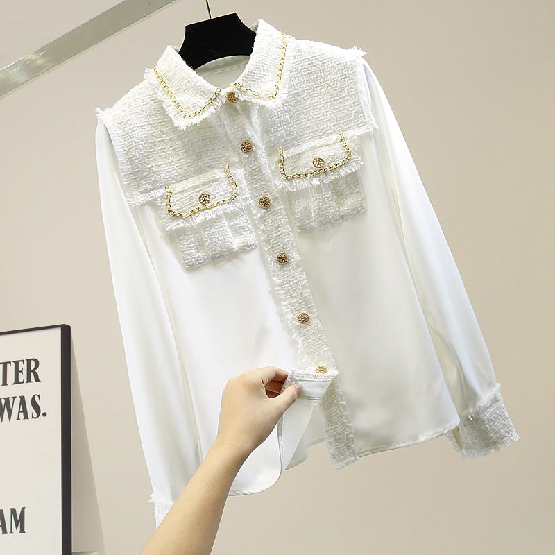 JSXDHK 2021 New Runway Designer Autumn Shirt Top Fashion Women Tweed Patchwork Chiffon Gold Single Breasted Tassel Weave Blouses