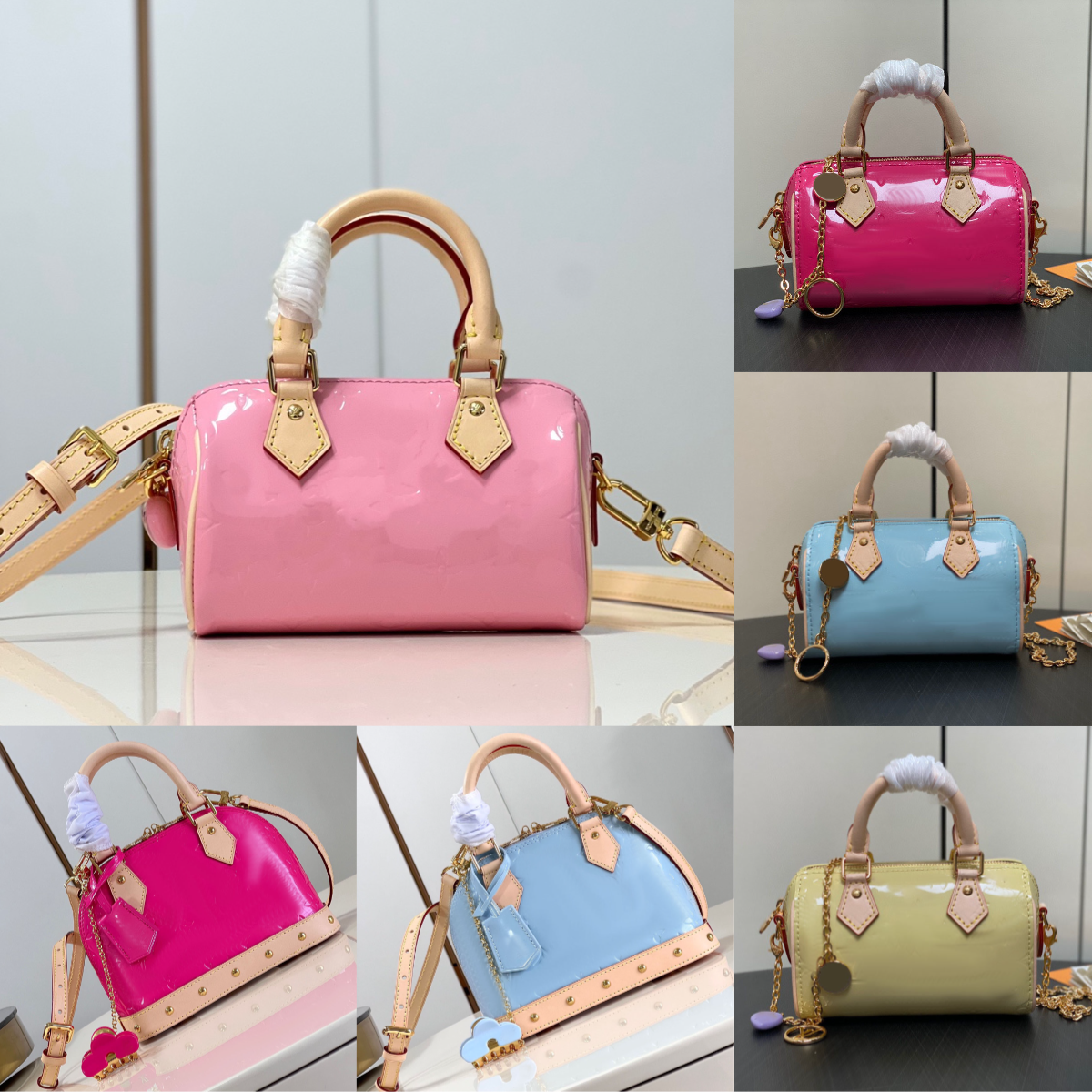 m81879 top new women bag pink cowhide patent leather handbag crossbody bag pillow bag designer handbag pink patent leather