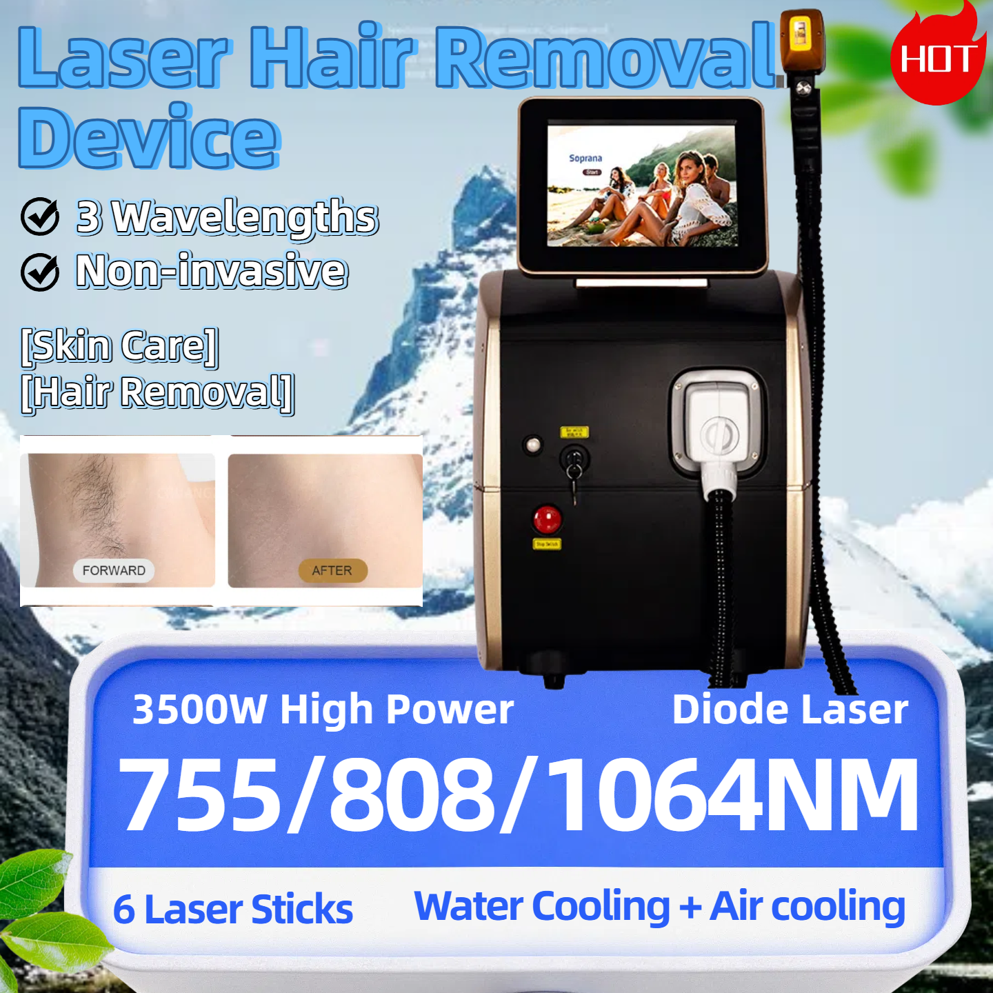 Profession 808nm Ice Painless Diode Laser Hair Removal Machine 3 Wavelength 755nm 808nm 1064nm Epilation Definitive Suitable For All Skin Tones CE-R