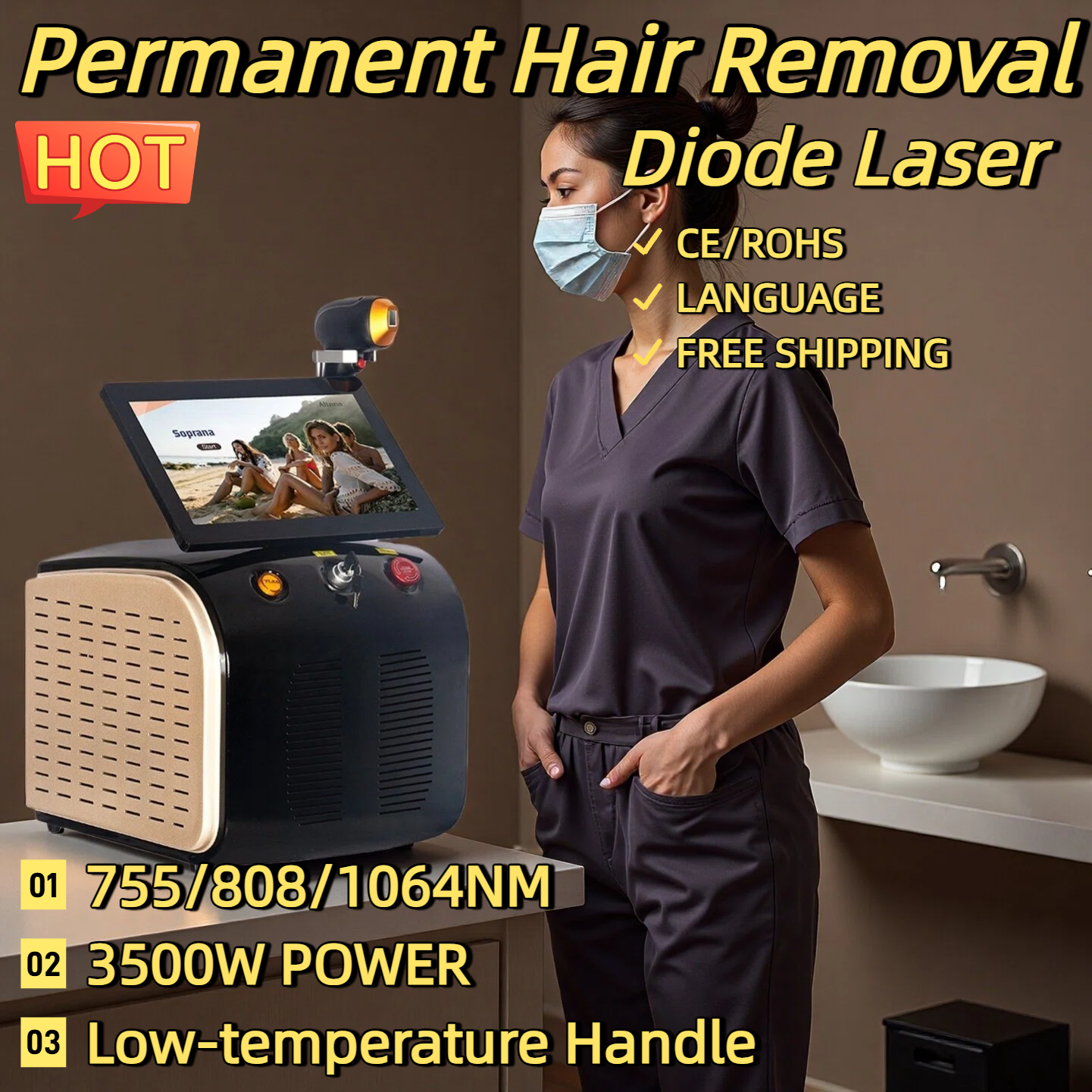 Portable High Power Ice Cooling Triple Laser 755 808 1064 Device Diode Laser 3 Wavelength Painless 808nm Hair Removal Machine CE-ROHS 3000-3500W