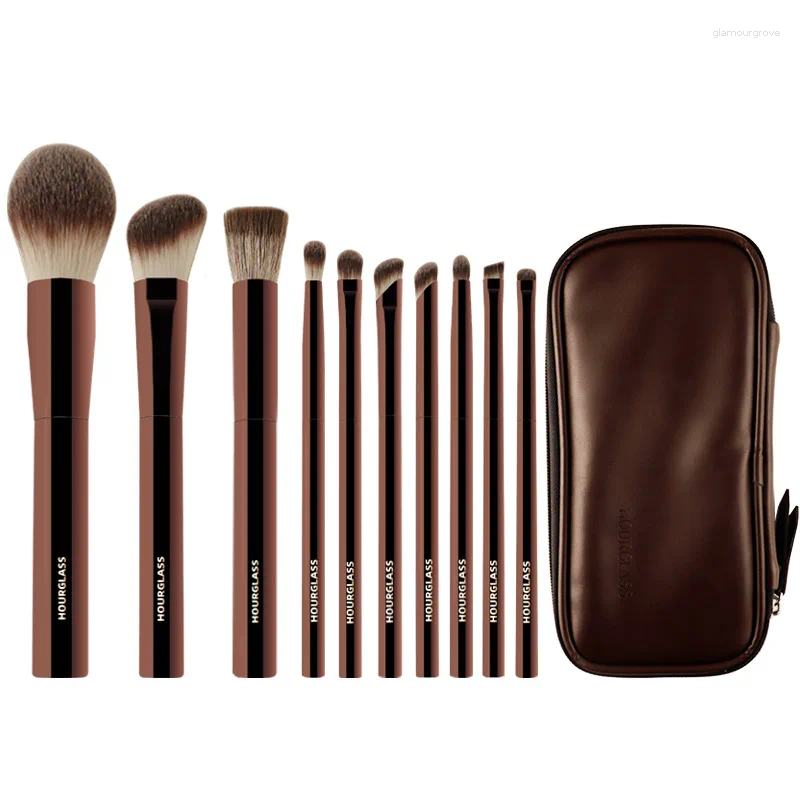 Makeup Brushes 10pcs-set Hourglass Powder Eyeshadow Domed Crease Make Up Brush Stippling Angled Shadow Brow With Cosmeetic Bag