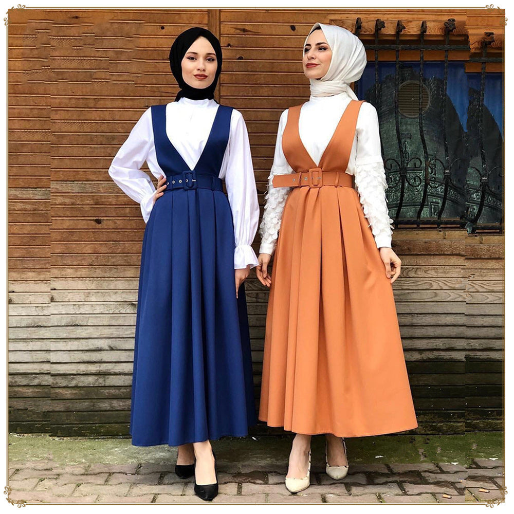 Muslim High Waist A-line Skirts Women Overall Two Shoulder Strap Suspender Skirt Slim Maxi Pleated Vestidos Islamic Clothing