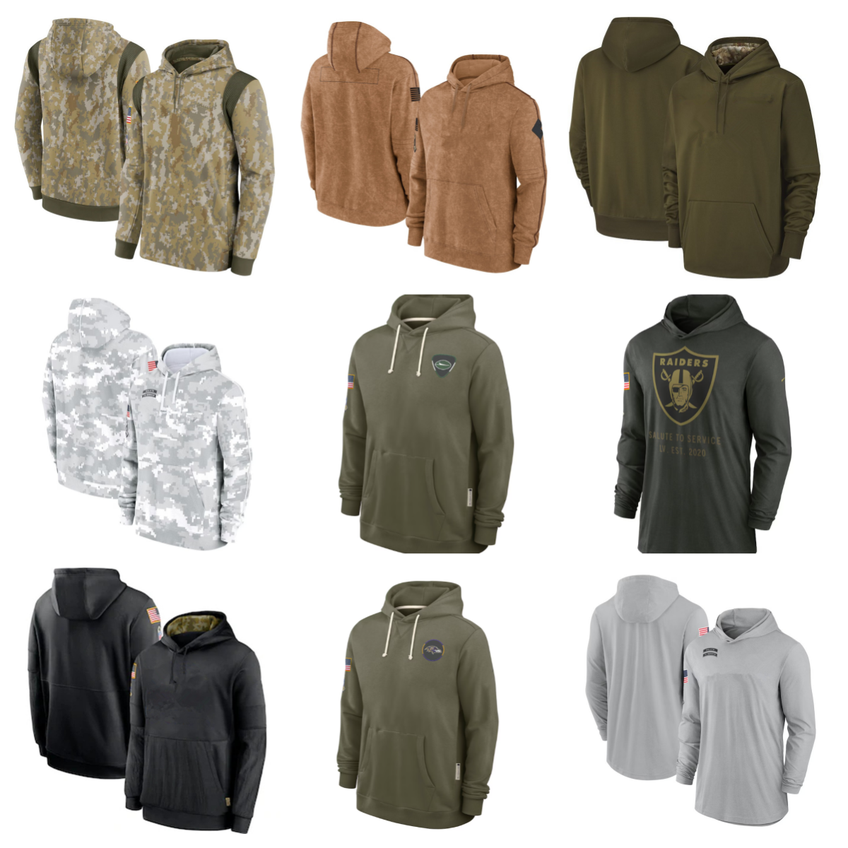 Browns Panthers Eagles Falcons Cowboys Chargers Saints Vikings Ravens Lions Bears Broncos Commanders military green 2025 Salute to Service Pullover