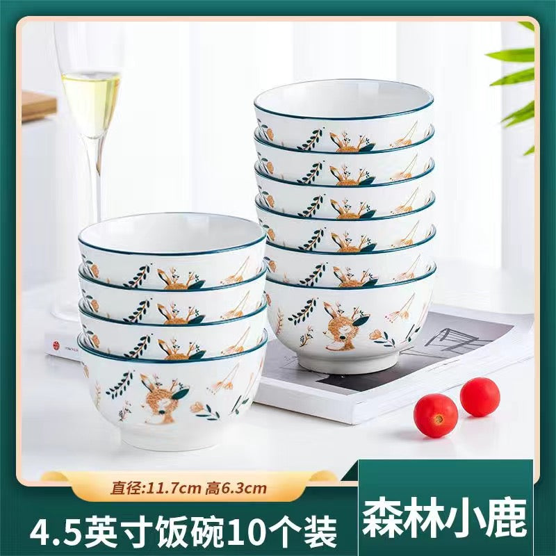 4pcs Bowls Set, Ceramic Bowl, Cartoon Deer Cute Rice Bowl, Breakfast Bowl, Oatmeal Bowl, Milk Bowl, High-value High Temperature Resistant Dish
