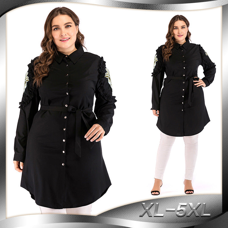 Plus Size XL-5XL Muslim Shirts Women Blouse Embroidery Loose Lace-up Tops and Blouses Islamic Clothing Lapel Bla Streetwear