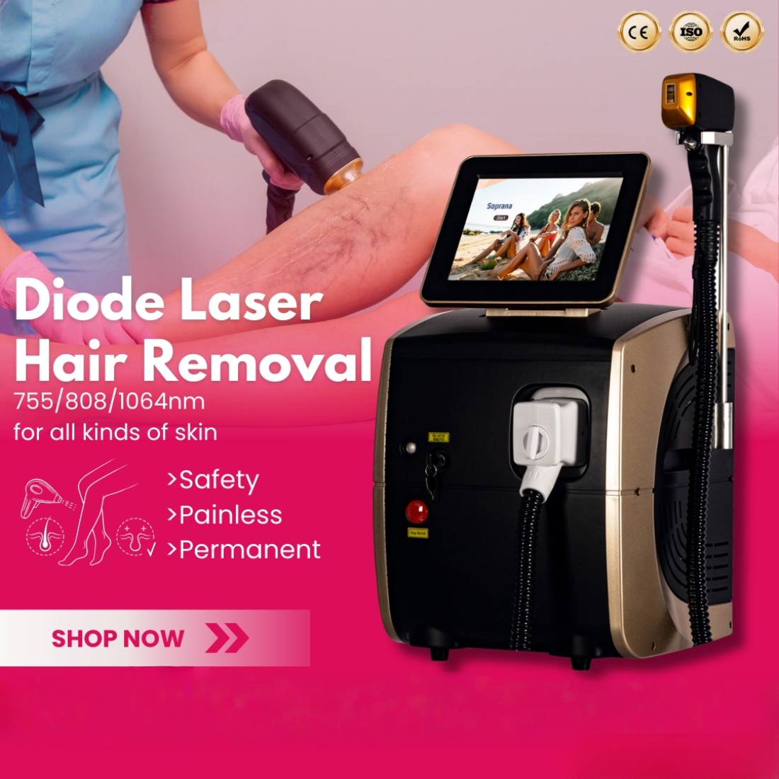 Professional Diode Laser Hair Removal Machine Ice Titanium Technology For Full Body Hair Removal 808nm 755nm 1064NM 3 Waves Painless