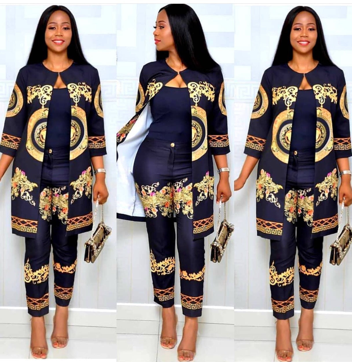 African 2 Piece Set Women Print Elastic Bazin Long Pant Ro Style Spring Dashiki Office Lady Suit Coat and Legging 2pcs Suts