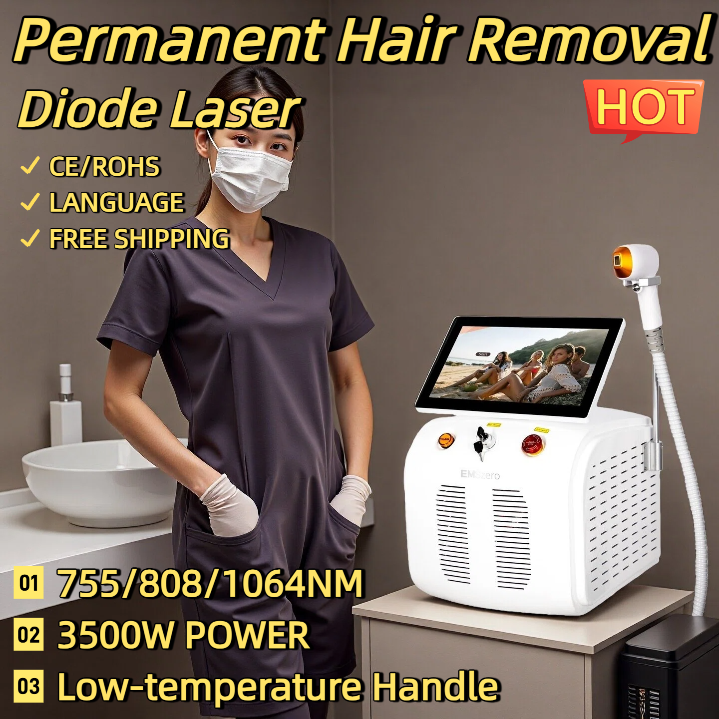3500W Soprano Titanium Ice Platinum Diode 755 808 1064nm 3 Wavelength Laser Machine Painless Diode Hair Removal Machine