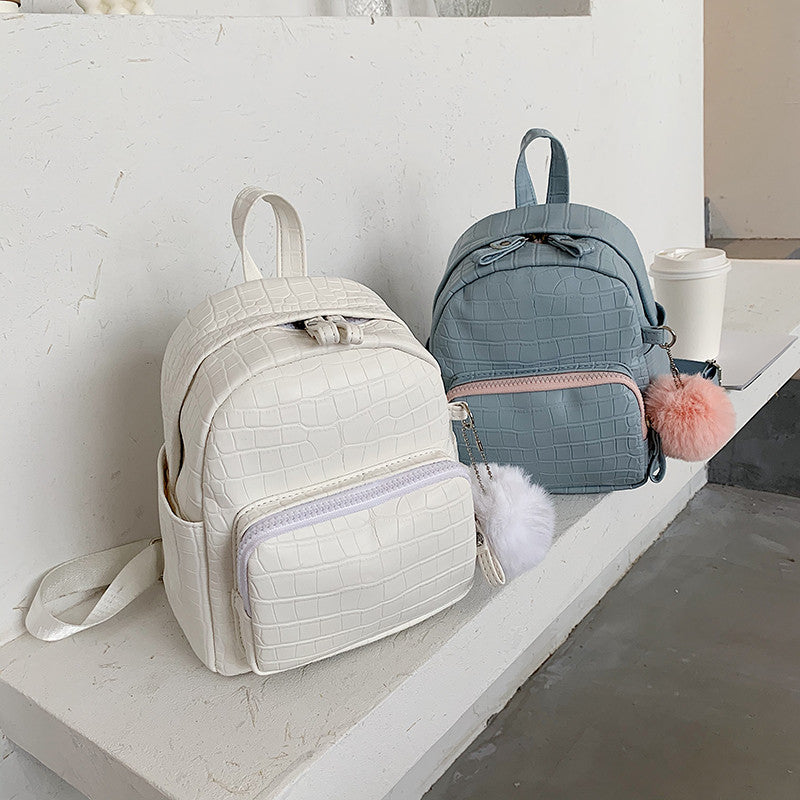 Women Backpacks Stone Pattern PU Leather Female Small Backpack for School Teenagers Girls with Hair Ball Lady bagpack mochila L0