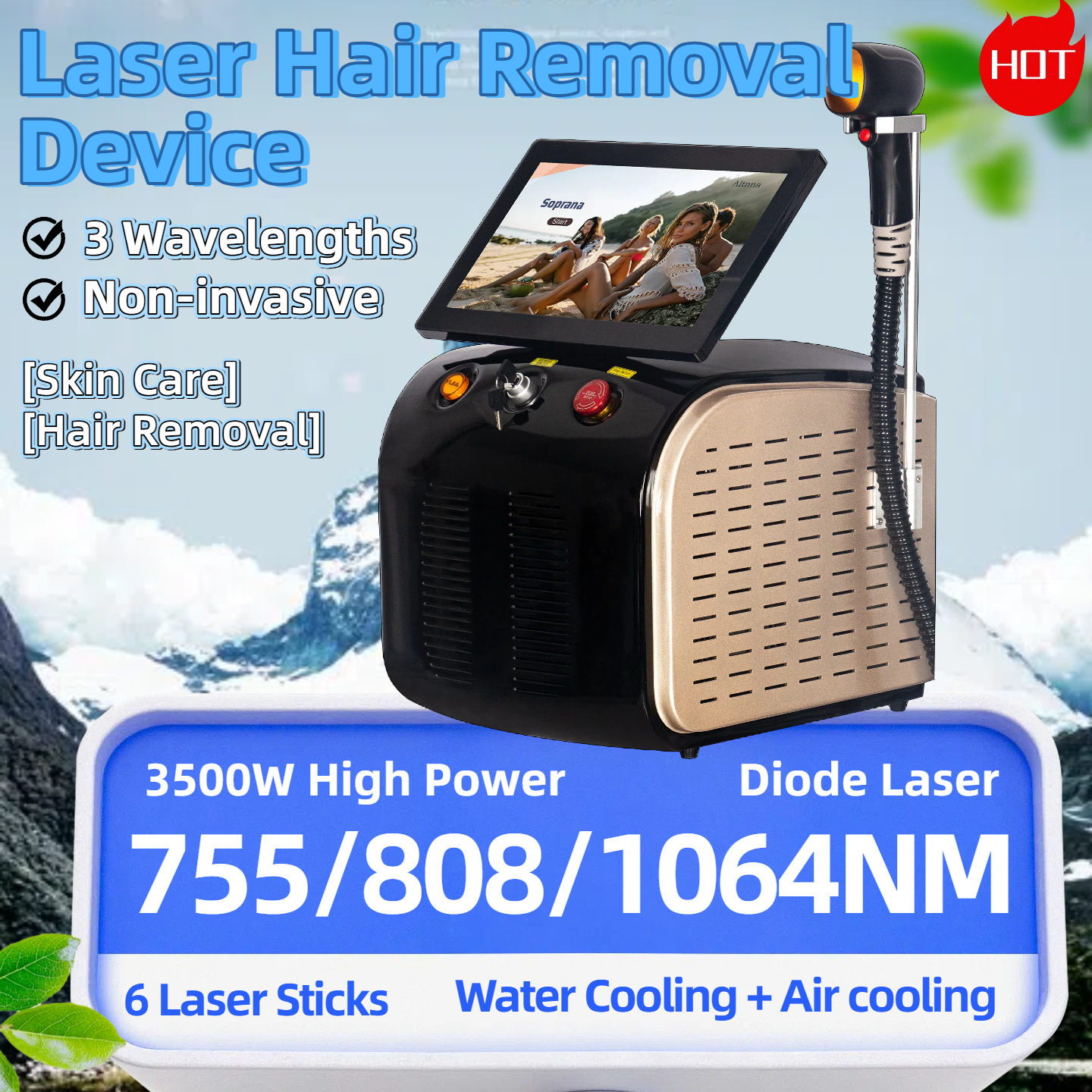 Large Screen Diode Laser Hair Removal Machine Painless Permanent Hair Removal Skin Whitening High Power Smart 3 Wavelengths 755-808-1064nm Machine