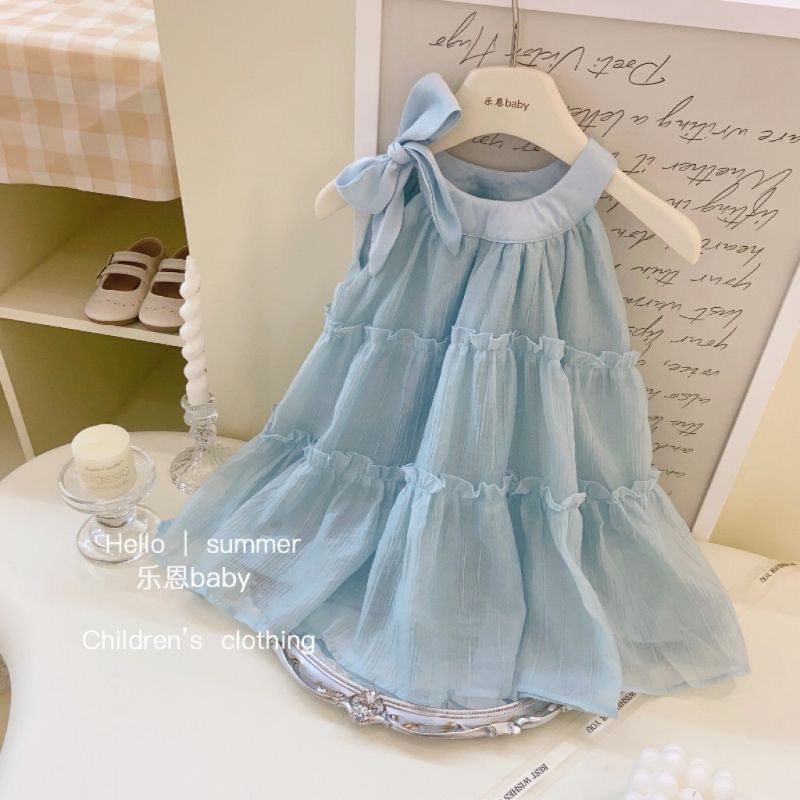 D07 New summer blue halter neck dress for girls baby sweet sleeveless stylish princess dress vest skirt