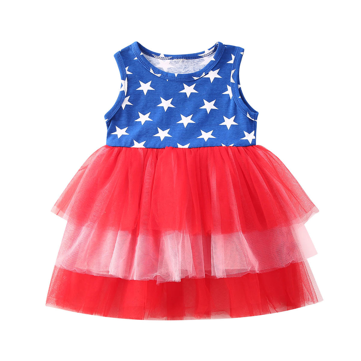 Independence Day Infant Baby Girls Dress Sleeveless Star Print Lace Tutu Mini Sundress Party Clothes