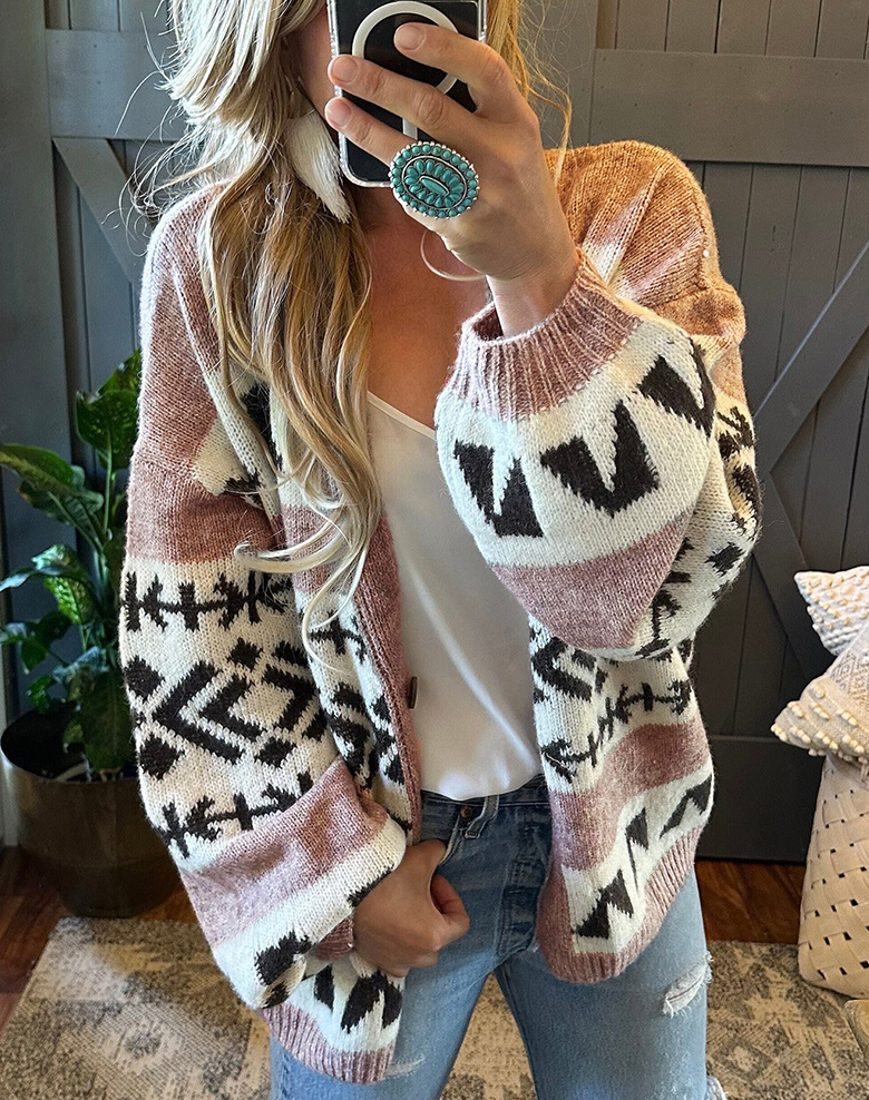 Loose, Lazy Autumn and Winter Style, Jacquard Colorblock Knit Cardigan, Woolen Sweater, Outerwear for