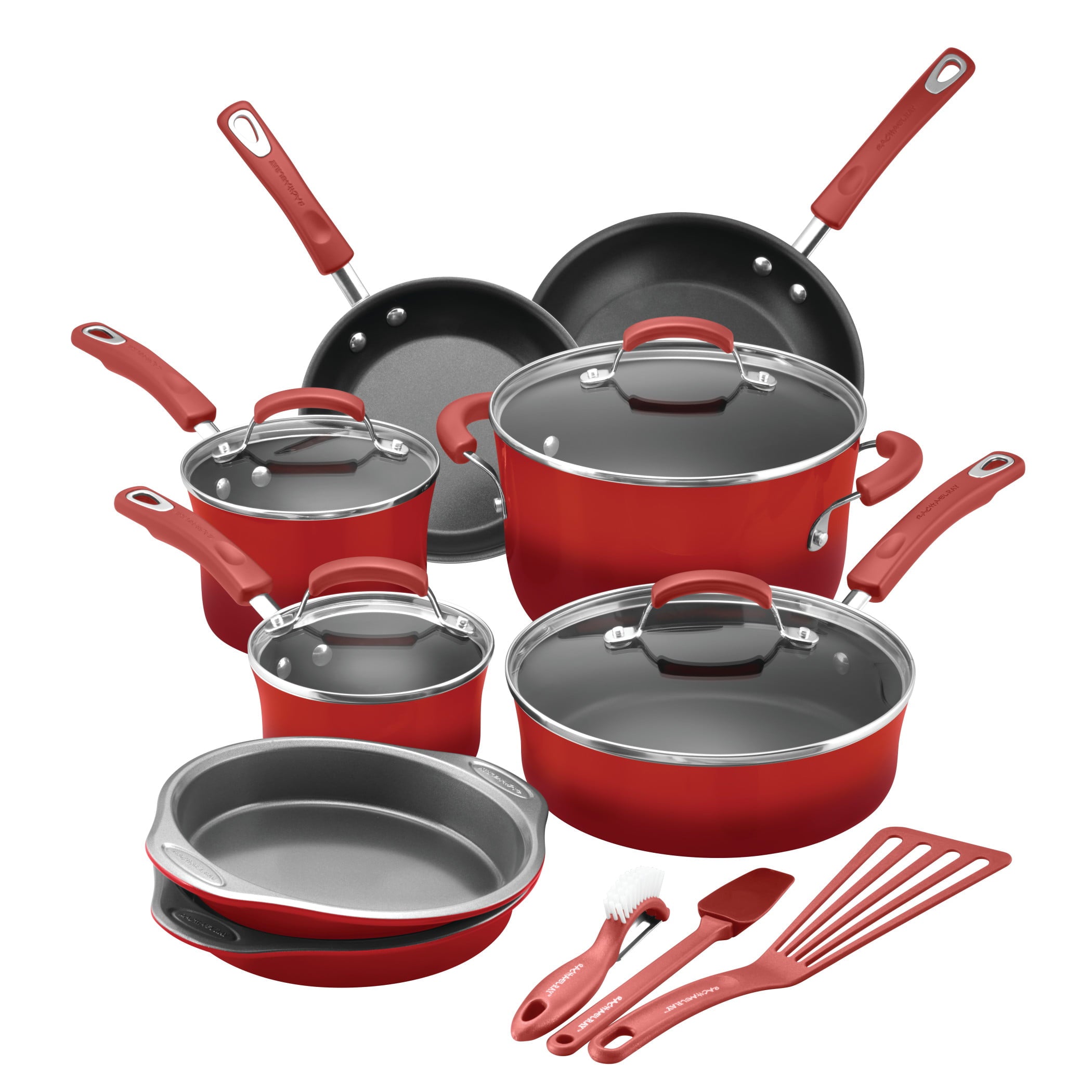 Rachael Ray 15-Piece Classic Brights Nonstick Pots and Pans Cookware Set Red Gradient