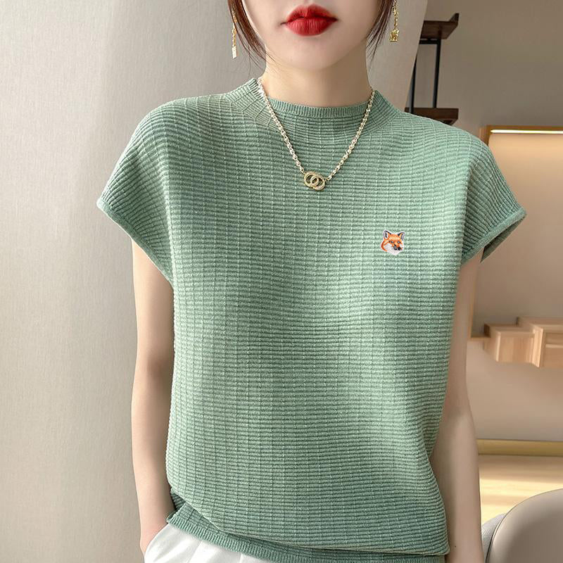New Women Luxury Maison Fox Mascot Embroidery Logo Appliqued Knitting Polo T Shirt Fashion Short Sleeve Female T Shirt Tops