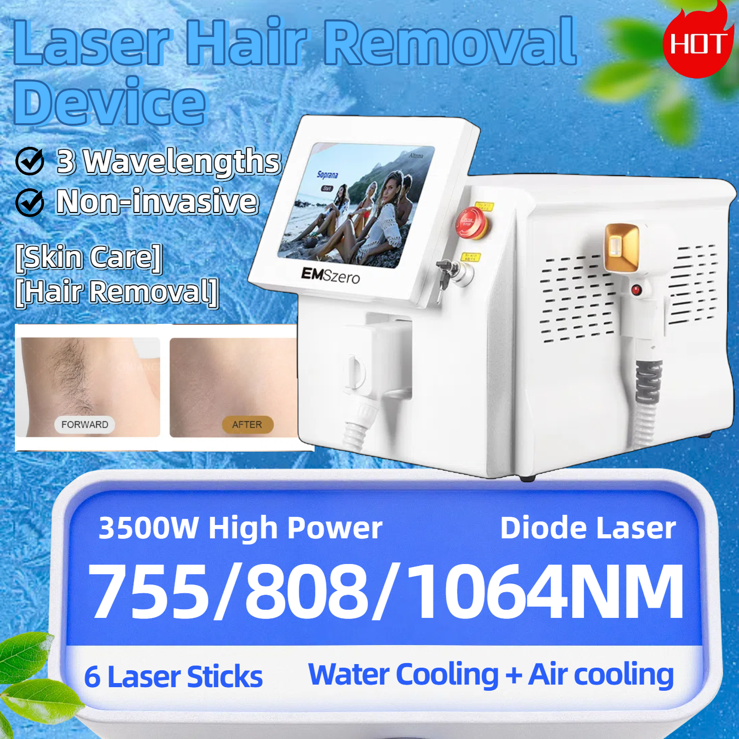 Diode Epilator Permanent Hair Removal Professional 3 Wavelength 755 808 1064nm Painless Hair Removal Reduce Hair Follicles+Tender Skin