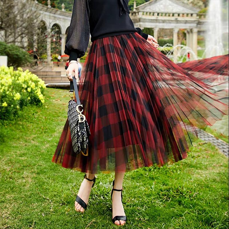 Fall Winter Vintage Black Red Plaid Long Mesh Lace Skirt England Preppy Style Office Lady Work Elastic Waist Pleated Skirts