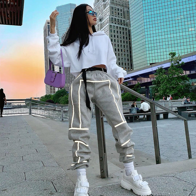 European and American Popular Models 2020 Spring and Summer Cross-Border Womens New Reflective Strip Leggings Sports Casual Pants Women