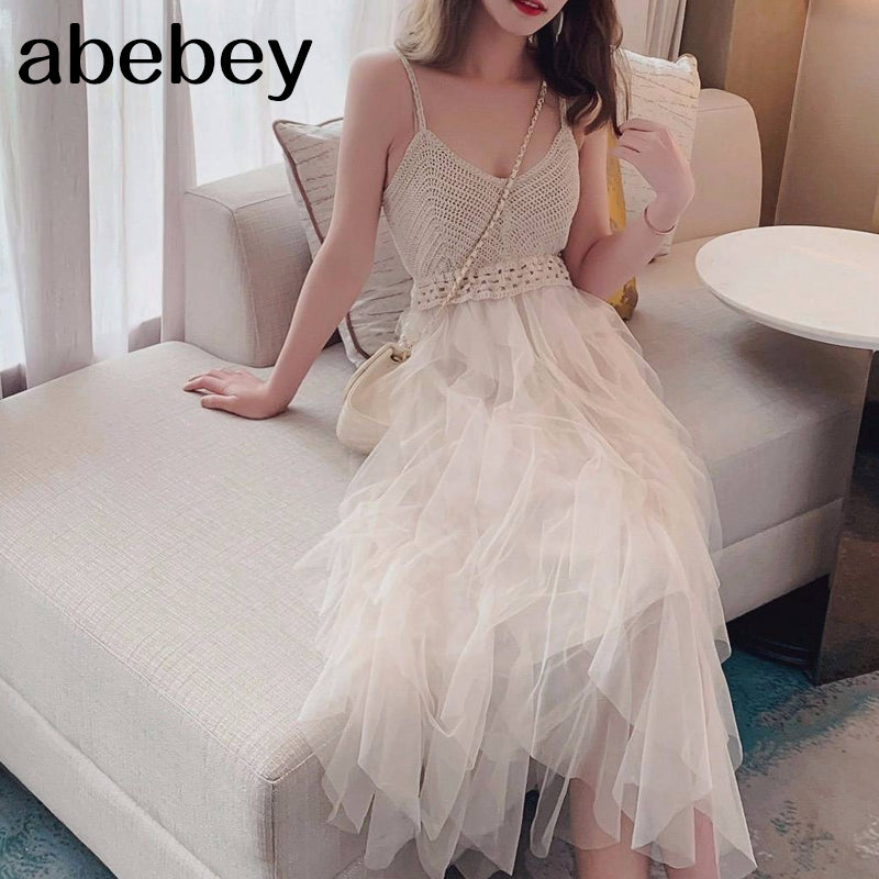 Lace Party Dress Solid Ruffles Knitting Patchwork Women Spaghetti Strap Dress 2021 Mesh Backless V-neck Long Dress Vestidos