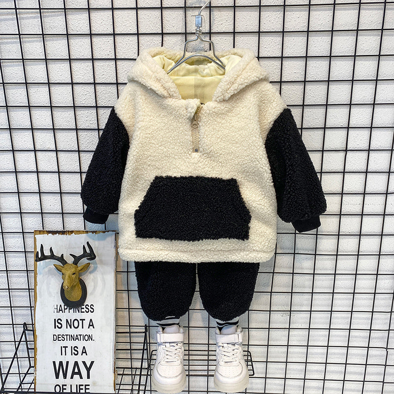Cute Baby Boys Suit Winter hairy Hooded Sweatshirt Cartoon Panda Hoodie Warm plus velvet 2pcs Sets Toddler Babe boy girls Outfit