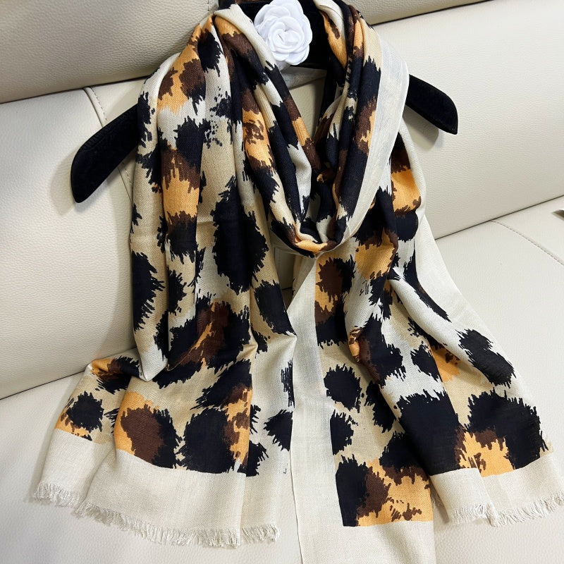 women&#039;s long scarf scarves shawl lace cashmere material beige print Leopard grain big size 190cm - 68cm