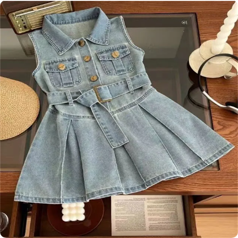Fashion Kids Dresses Girls Denim Sleeveless Dress High End Baby Girls Dress Children princess Skirt For Belt