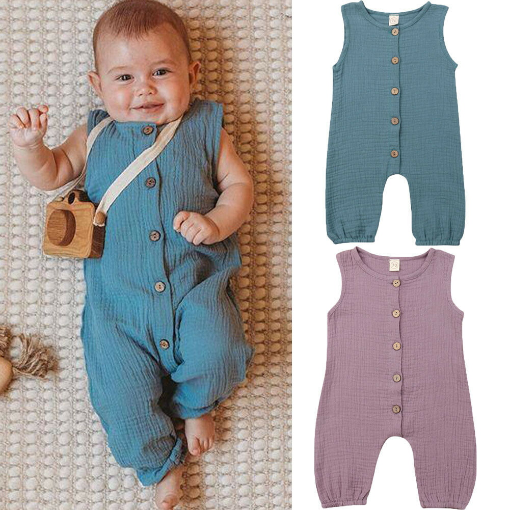 0-24M Infant Kids Baby Girls Boys Button Romper Sleeveless Solid Jumpsuit Clothes Outfits