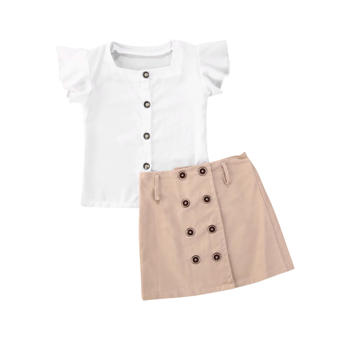 2-7Y Summer Infant Baby Girls Clothes Sets Flying Sleeve Button White T Shirts Tops A-Line Skirts 2pcs