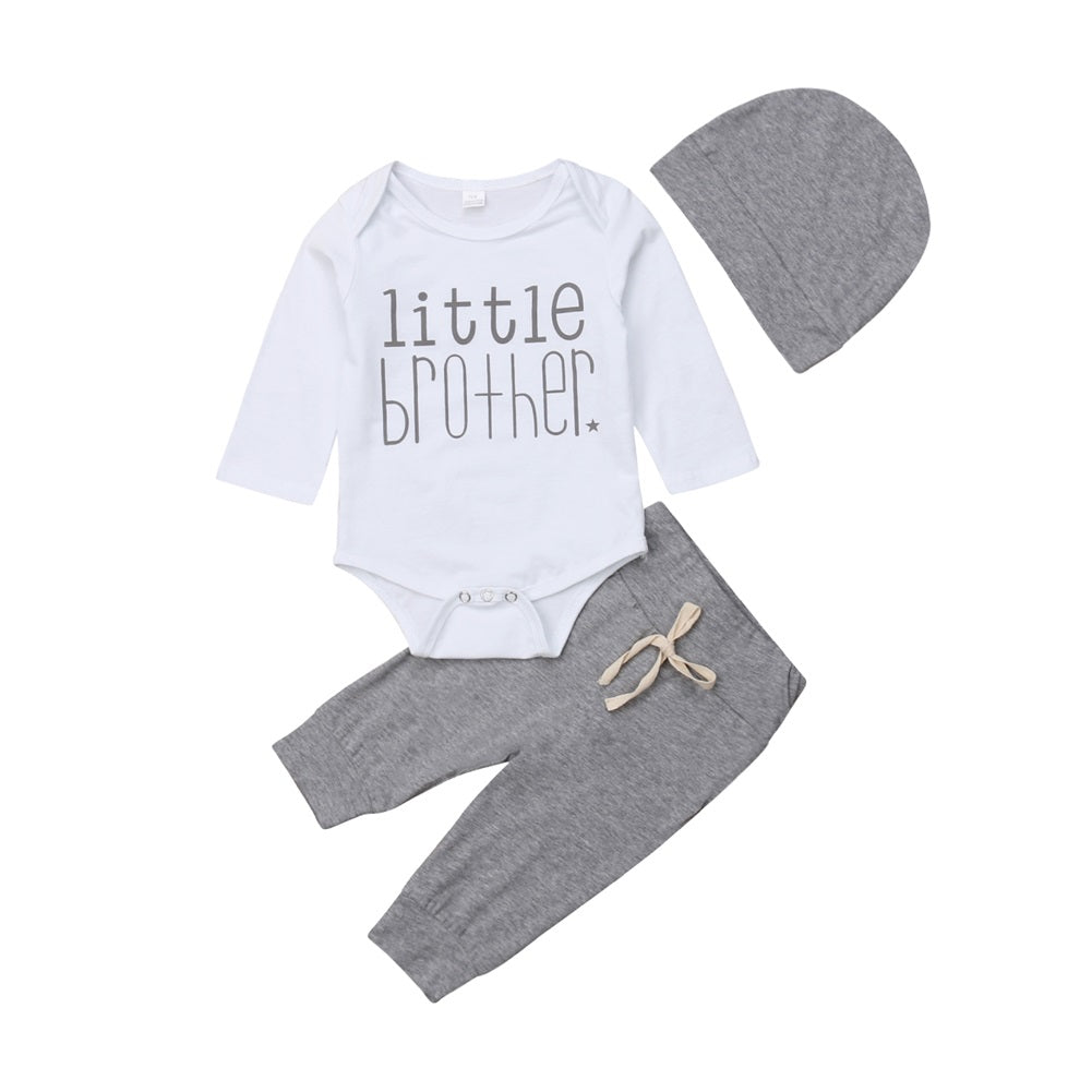 0-18M Newborn Infant Kids Baby Boys Autumn Winter Casual Sets 3PCS Letter Long Sleeve Romper Tops+Grey Pants+Hats
