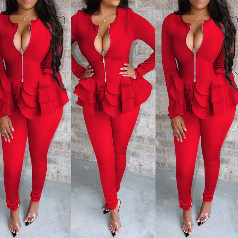 Long Sleeve Ruffles Tops and Pants Suits Women Spring Autumn Trasuit Office Ladies Matching Outfits Two Piece Set Plus Size