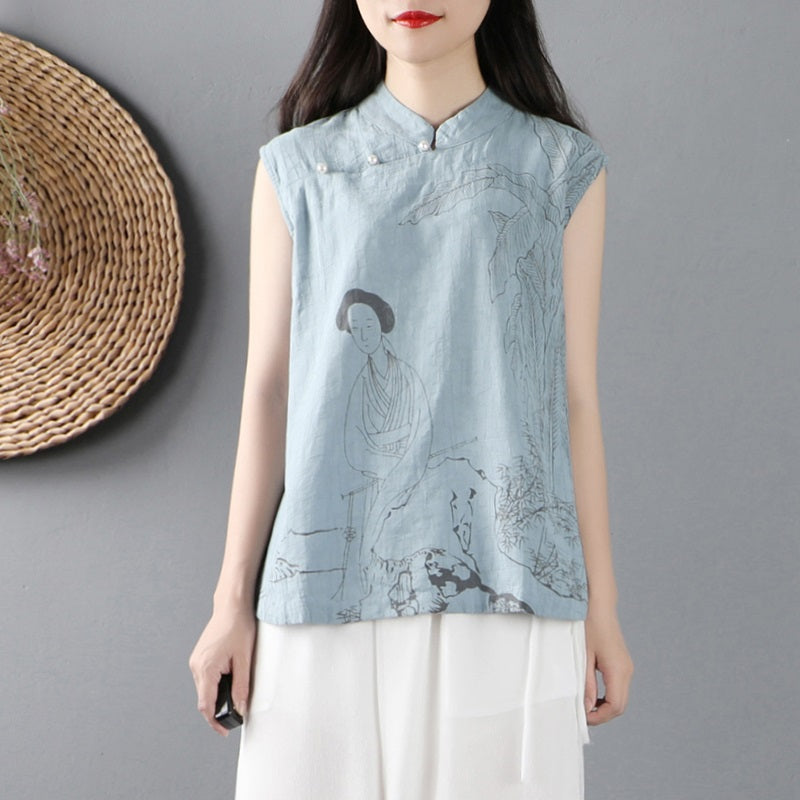 Chinese Fashion Style 2021 Summer Ladies Chinese Tops Vintage Linen Sleeveless Blouses Chinese Style Clothing Women Shirts 12423