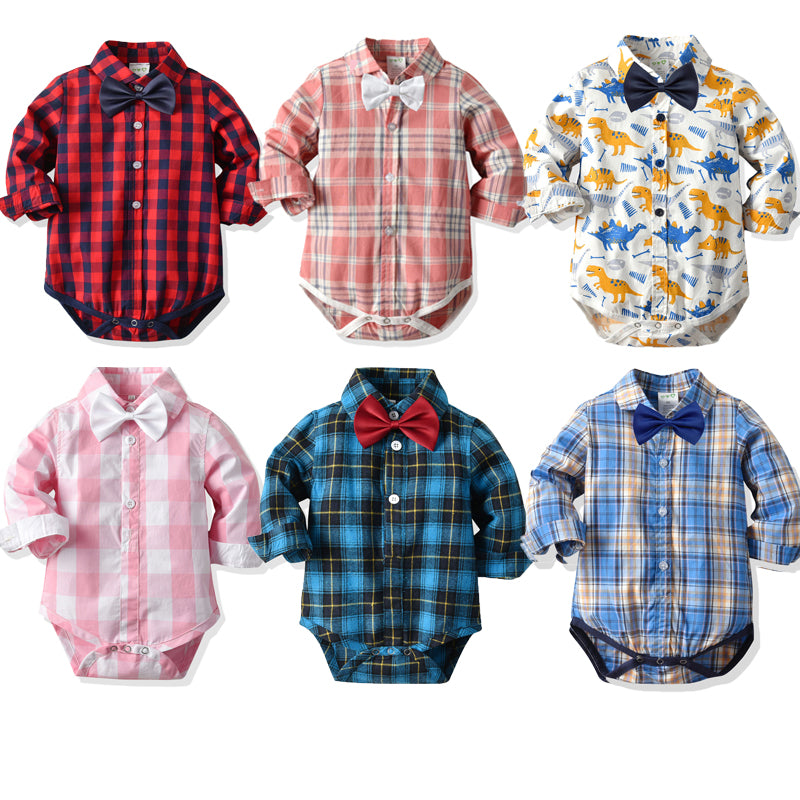 Gentleman Infant Baby Boys Romper+Bow Long Sleeve Single Breasted Plaid Print Xmas Jumpsuits 6 Colors